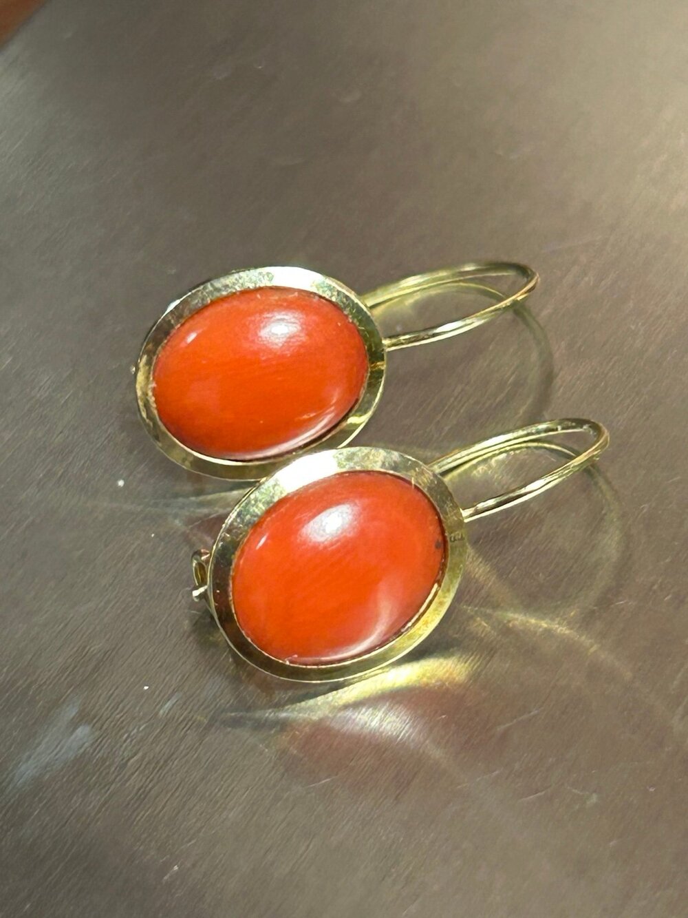 14k Italy solid yellow gold oval shaped coral drop dangle hook earrings
